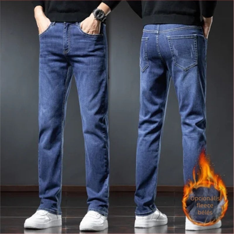 Férfi koreai stílusú egyenes szabású farmernadrág, középmagas derékkal, pamut-denim, mikroelasztikus