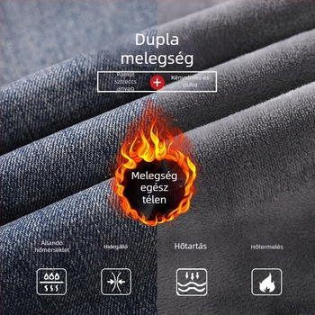 Férfi farmernadrág egyenes szabású, vastag fleece-béléses, meleg téli viselet, nagy méret