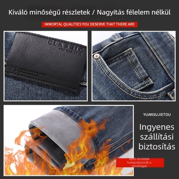 Férfi farmernadrág egyenes szabású, vastag fleece-béléses, meleg téli viselet, nagy méret