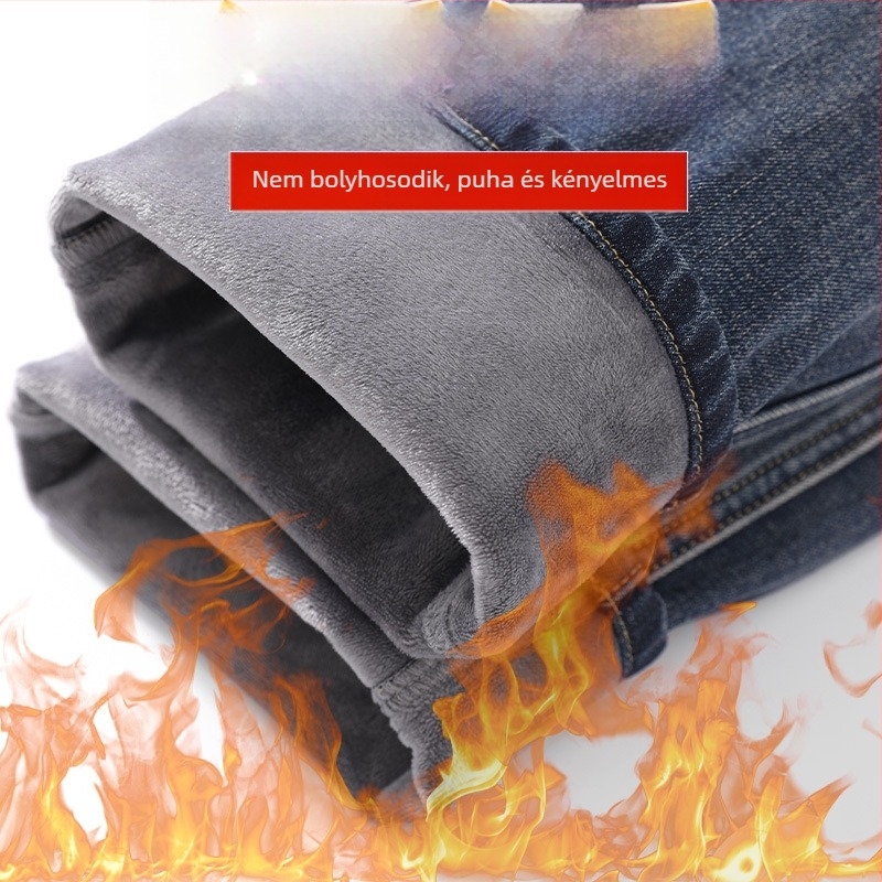 Férfi farmernadrág egyenes szabású, vastag fleece-béléses, meleg téli viselet, nagy méret