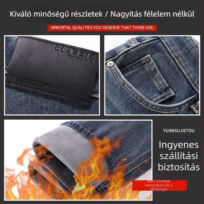 Férfi farmernadrág egyenes szabású, vastag fleece-béléses, meleg téli viselet, nagy méret
