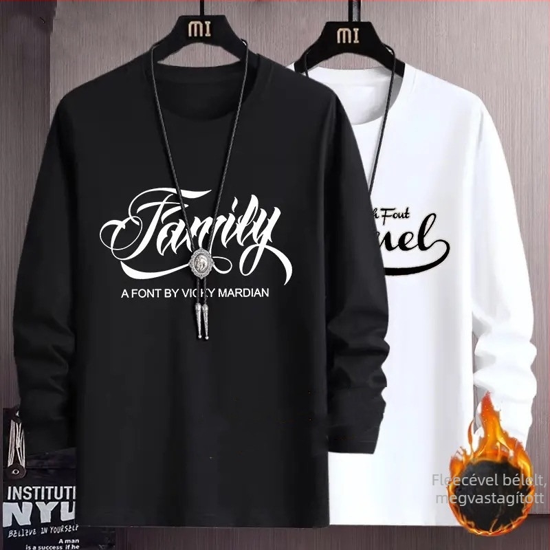 Férfi hosszú ujjú fleece-belelt T-shirt, 96% poliészter, kerek nyakú, egyenes szabás, őszi-téli viselethez