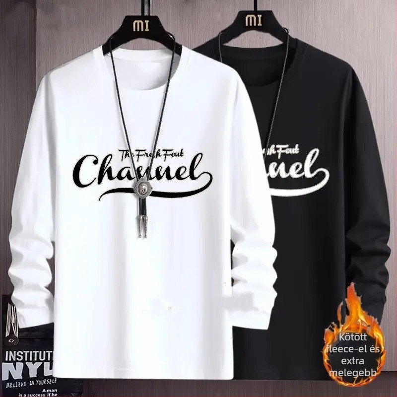 Férfi hosszú ujjú fleece-belelt T-shirt, 96% poliészter, kerek nyakú, egyenes szabás, őszi-téli viselethez
