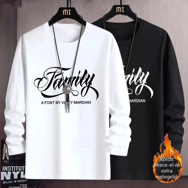 Férfi hosszú ujjú fleece-belelt T-shirt, 96% poliészter, kerek nyakú, egyenes szabás, őszi-téli viselethez