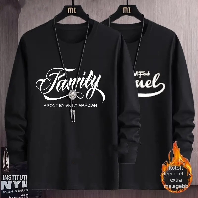 Férfi hosszú ujjú fleece-belelt T-shirt, 96% poliészter, kerek nyakú, egyenes szabás, őszi-téli viselethez