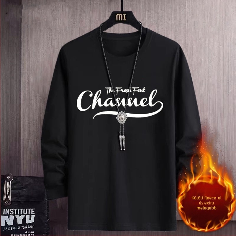 Férfi hosszú ujjú fleece-belelt T-shirt, 96% poliészter, kerek nyakú, egyenes szabás, őszi-téli viselethez