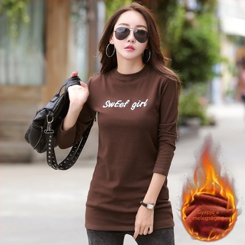Női hosszú ujjú felső fleece-béléssel, karcsú szabású, középhosszú, koreai stílus