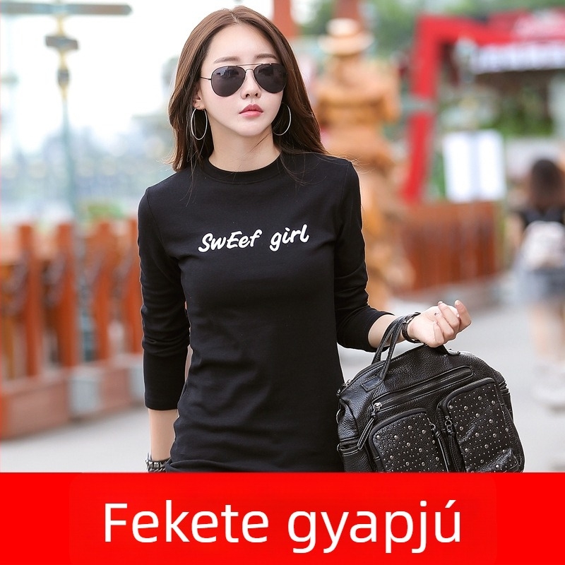 Női hosszú ujjú felső fleece-béléssel, karcsú szabású, középhosszú, koreai stílus