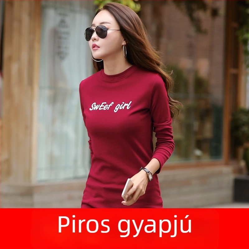Női hosszú ujjú felső fleece-béléssel, karcsú szabású, középhosszú, koreai stílus
