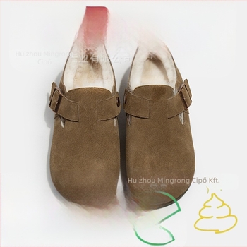 Birkenstock-stílusú női bőrcipő fleece-béléssel, gumitalp, alacsony sarok 1-3 cm, slip-on, mindennapi viselet