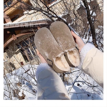Birkenstock-stílusú női bőrcipő fleece-béléssel, gumitalp, alacsony sarok 1-3 cm, slip-on, mindennapi viselet