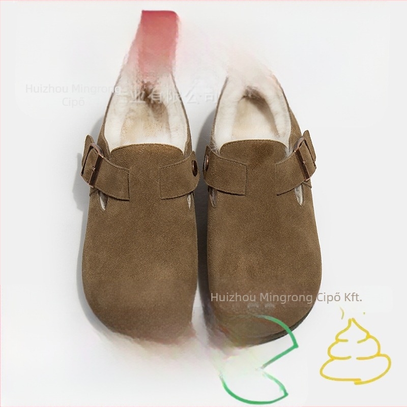 Birkenstock-stílusú női bőrcipő fleece-béléssel, gumitalp, alacsony sarok 1-3 cm, slip-on, mindennapi viselet