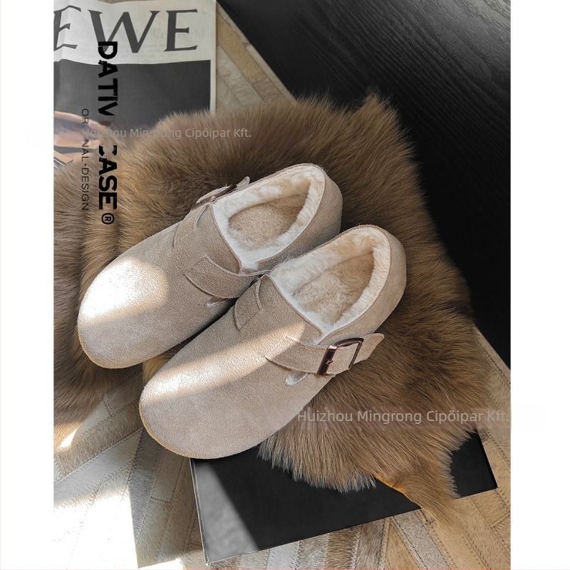 Birkenstock-stílusú női bőrcipő fleece-béléssel, gumitalp, alacsony sarok 1-3 cm, slip-on, mindennapi viselet