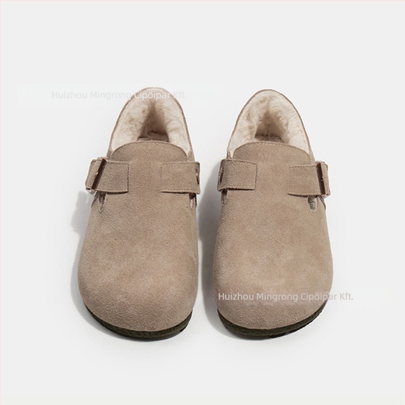 Birkenstock-stílusú női bőrcipő fleece-béléssel, gumitalp, alacsony sarok 1-3 cm, slip-on, mindennapi viselet