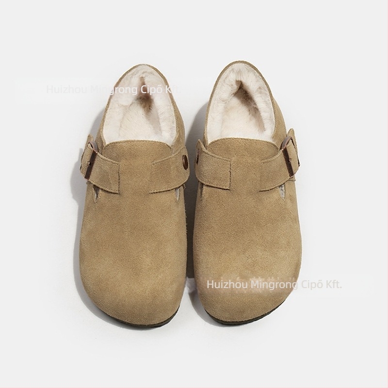 Birkenstock-stílusú női bőrcipő fleece-béléssel, gumitalp, alacsony sarok 1-3 cm, slip-on, mindennapi viselet