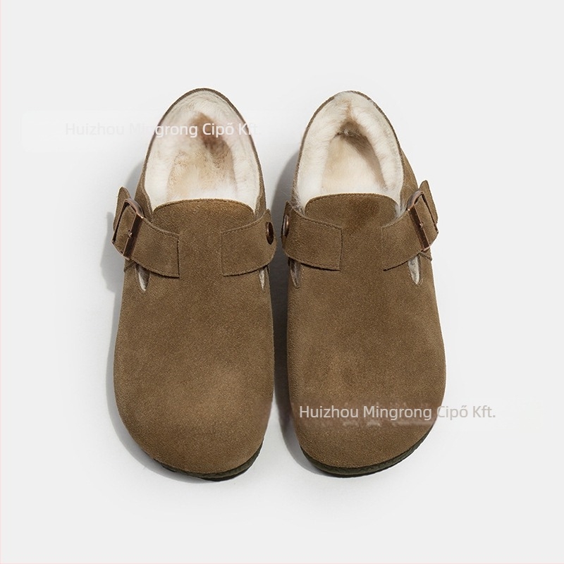 Birkenstock-stílusú női bőrcipő fleece-béléssel, gumitalp, alacsony sarok 1-3 cm, slip-on, mindennapi viselet