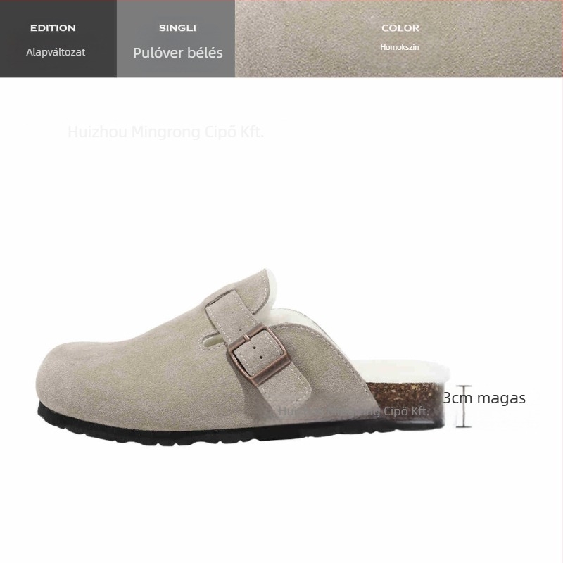 Birkenstock-stílusú női bőrcipő fleece-béléssel, gumitalp, alacsony sarok 1-3 cm, slip-on, mindennapi viselet