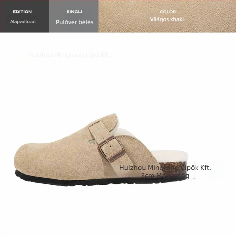 Birkenstock-stílusú női bőrcipő fleece-béléssel, gumitalp, alacsony sarok 1-3 cm, slip-on, mindennapi viselet