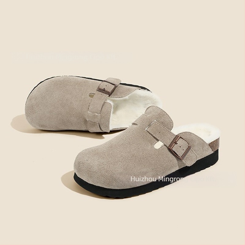 Birkenstock-stílusú női bőrcipő fleece-béléssel, gumitalp, alacsony sarok 1-3 cm, slip-on, mindennapi viselet