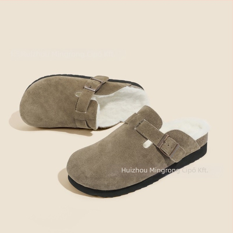 Birkenstock-stílusú női bőrcipő fleece-béléssel, gumitalp, alacsony sarok 1-3 cm, slip-on, mindennapi viselet