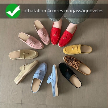 Női mokaszín bojtokkal és csattal, mikrofiber felső rész, gumitalp, középmagas sarok 3–6 cm