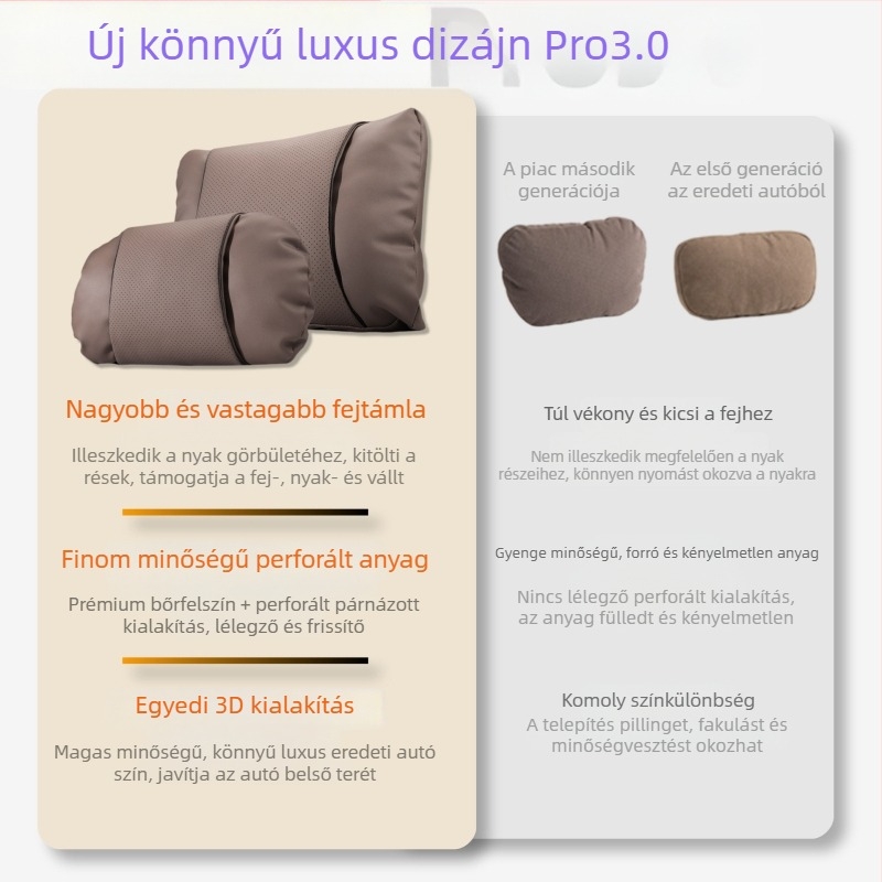 Autófejtámla párna Nappa bőrből, felhő-pamut töltet, univerzális illeszkedés, testreszabható