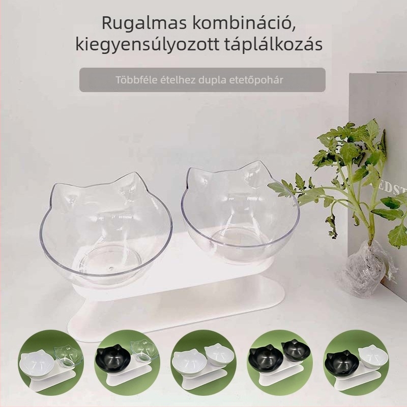 Műanyagból készült felsőállványos kettős tál macskáknak és kutyáknak, 15° dőlés, nyaki védelem