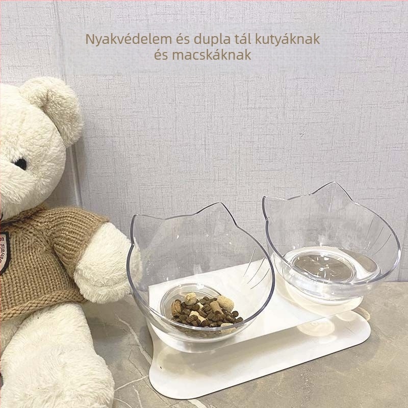 Műanyagból készült felsőállványos kettős tál macskáknak és kutyáknak, 15° dőlés, nyaki védelem