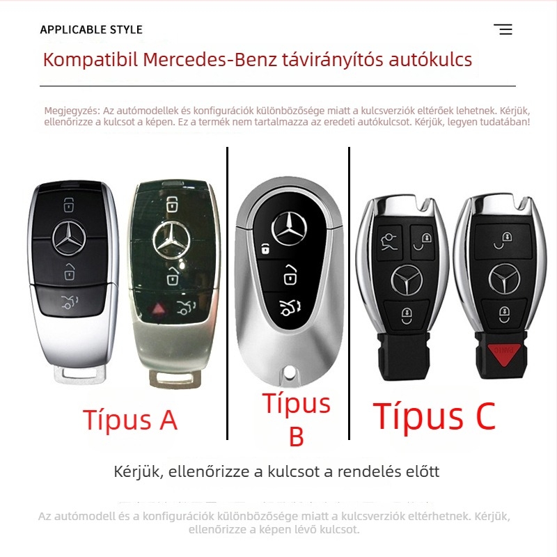 Mercedes-Benz kulcstartó tok modellhez: S‑osztály Maybach, C‑osztály (C200L), E260L, E300L, GLB, GLC260L; cinkötvözet; egyszerű stílus