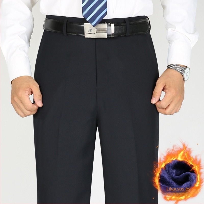 Férfi üzleti casual nadrág, egyenes szabású, fleece bélés, középmagas derekú, poliészter anyag.