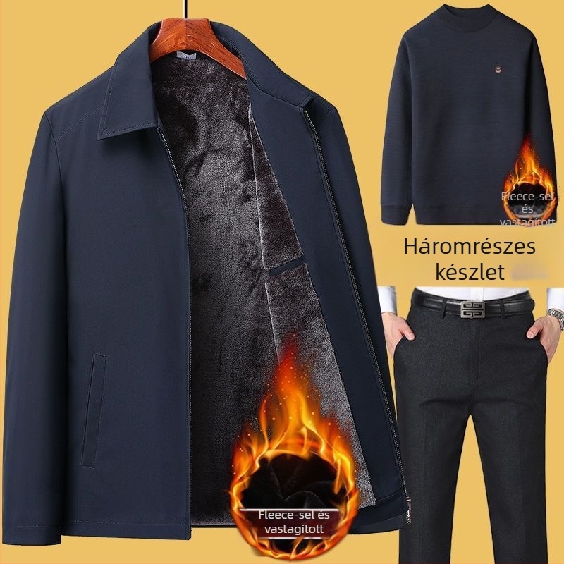 Férfi téli vastag fleece-bélelt dzseki és kabát szett