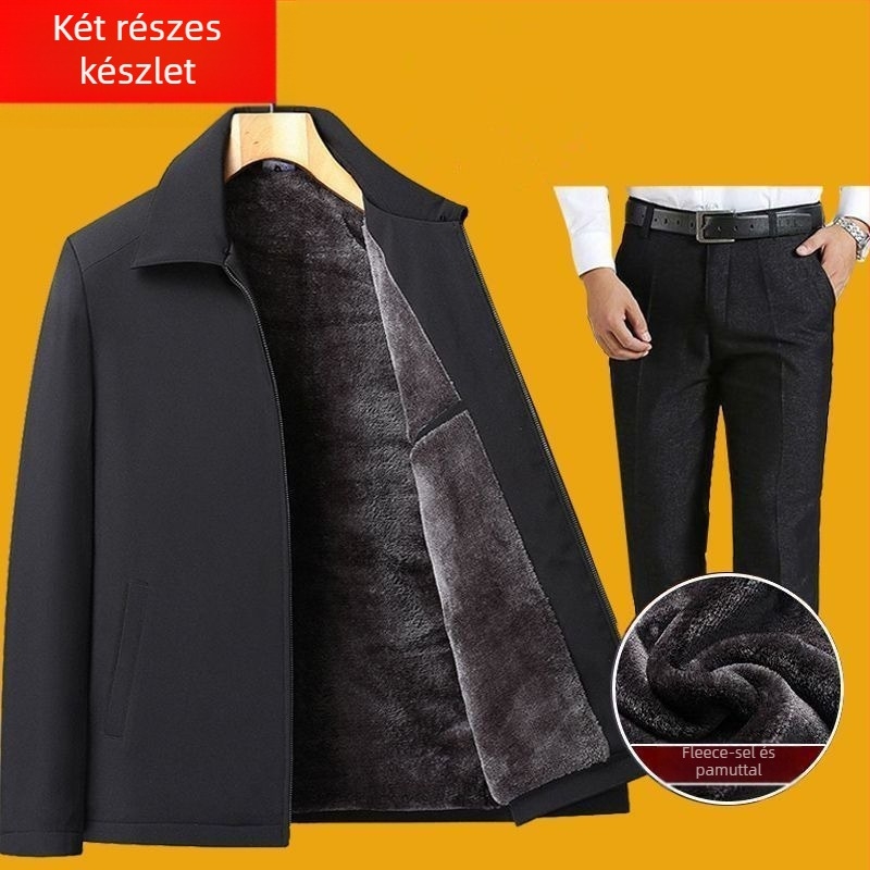 Férfi téli vastag fleece-bélelt dzseki és kabát szett