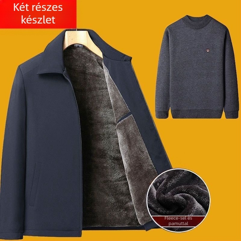 Férfi téli vastag fleece-bélelt dzseki és kabát szett