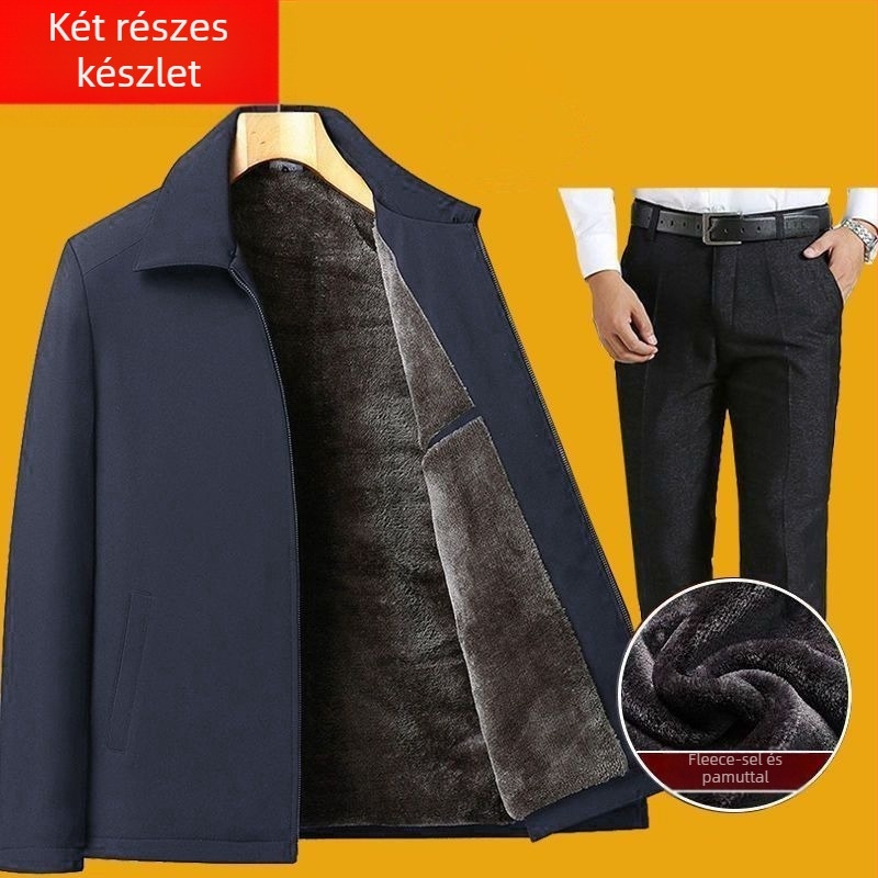 Férfi téli vastag fleece-bélelt dzseki és kabát szett