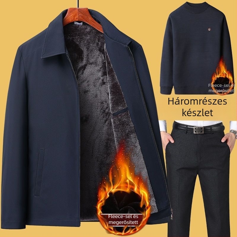Férfi téli vastag fleece-bélelt dzseki és kabát szett