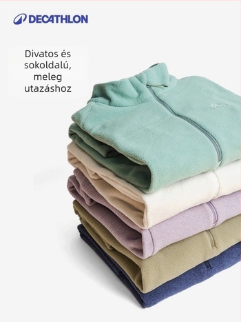 Decathlon csíkos fleece dzseki, 100% pamut anyag, poliészter bélés, levehető kapucni