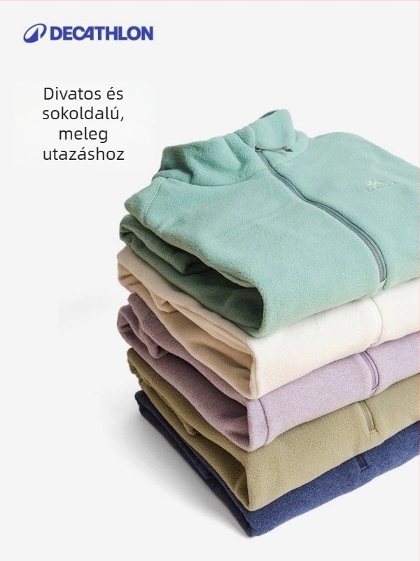 Decathlon csíkos fleece dzseki, 100% pamut anyag, poliészter bélés, levehető kapucni