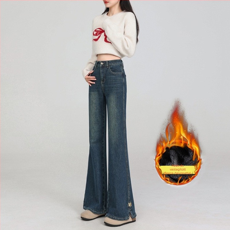 Denim nadrág, magas derék, enyhén bővülő szár, vastag anyag, pamut 70–80%