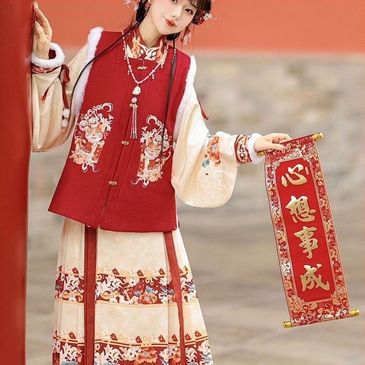 Női Hanfu téli fleece-bevonat készlet, hímzett és nyomtatott Ma Mian szoknya és kerek nyakú felső