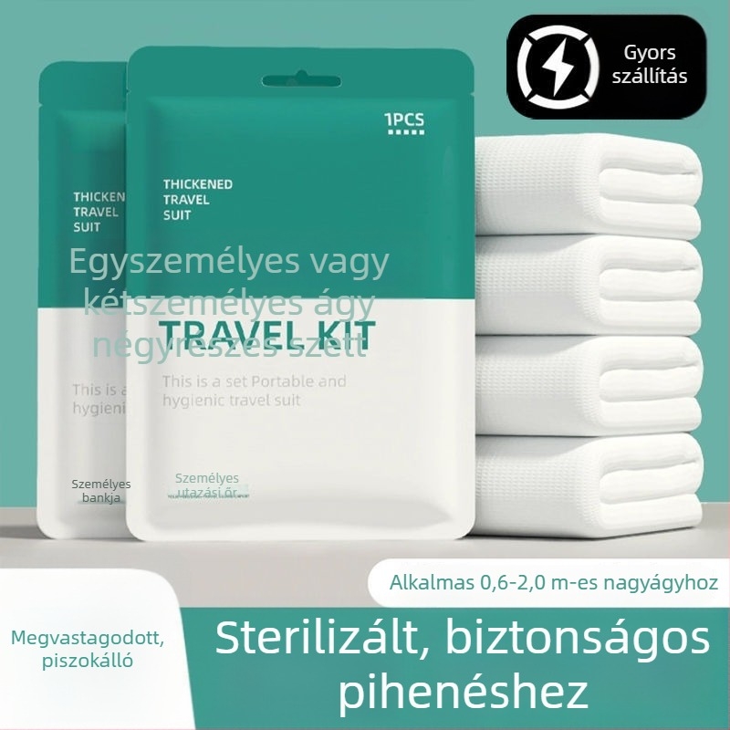 Egyszer használatos négy részes ágyneműkészlet utazáshoz és vonatszobákhoz: lepedő, paplanhuzat, párnahuzat, hálózsák