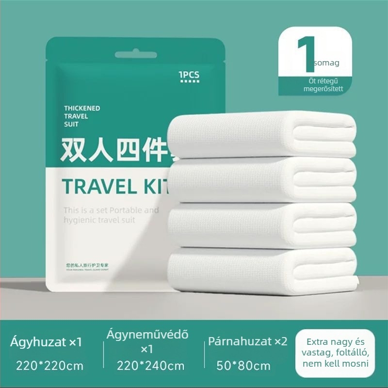 Egyszer használatos négy részes ágyneműkészlet utazáshoz és vonatszobákhoz: lepedő, paplanhuzat, párnahuzat, hálózsák