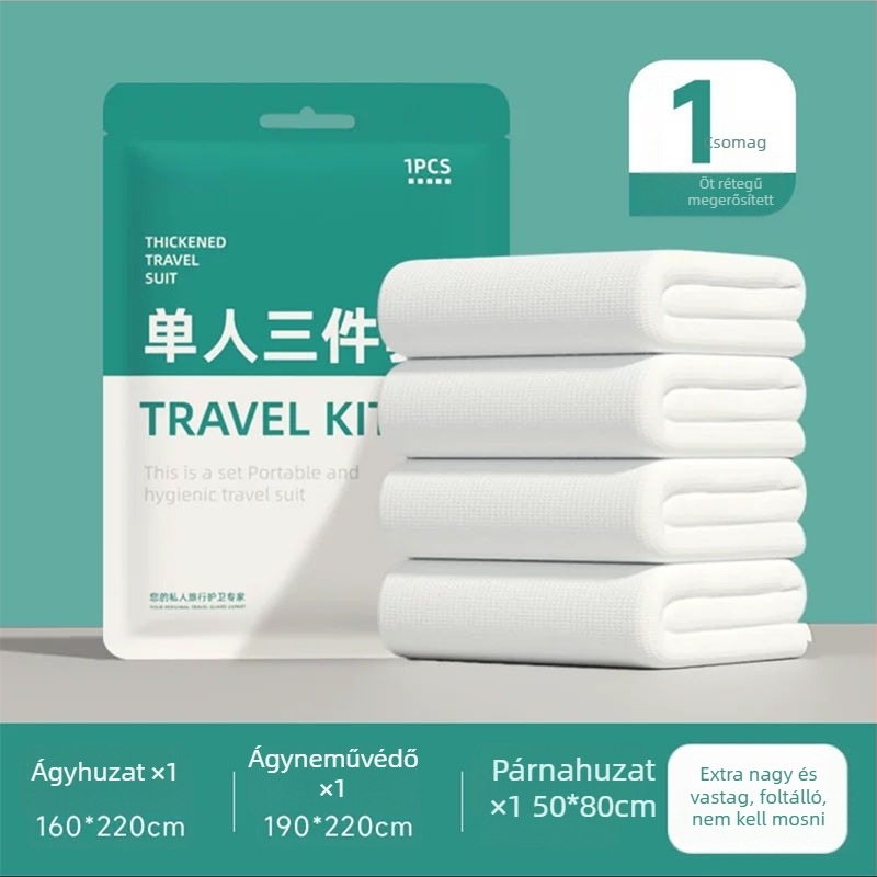 Egyszer használatos négy részes ágyneműkészlet utazáshoz és vonatszobákhoz: lepedő, paplanhuzat, párnahuzat, hálózsák
