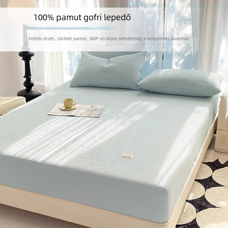 Gofr textúrájú pamut gumis lepedő, méret 1,8 m, egyszínű, egész éves
