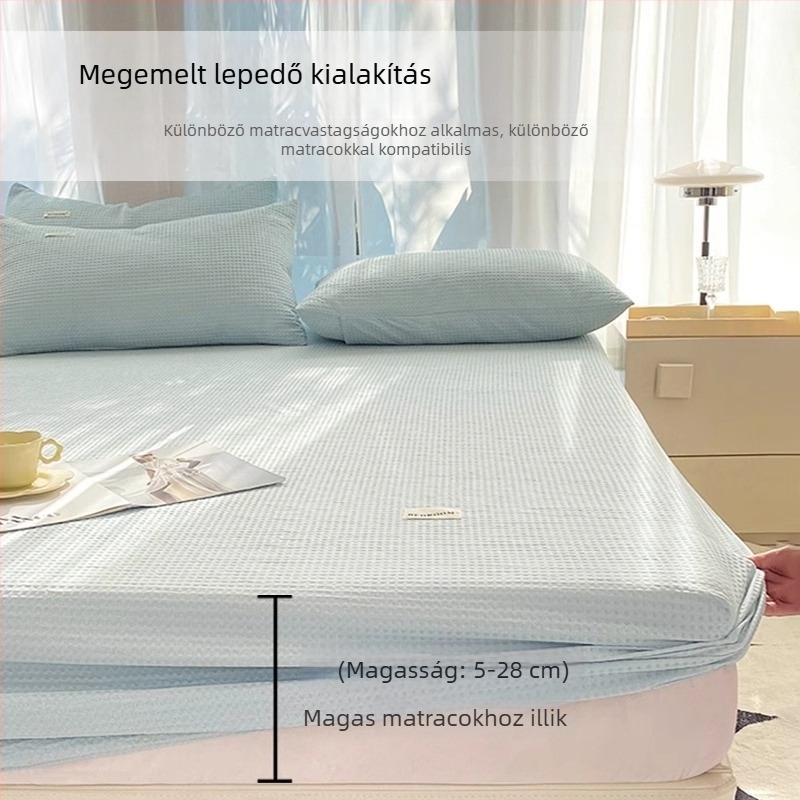 Gofr textúrájú pamut gumis lepedő, méret 1,8 m, egyszínű, egész éves