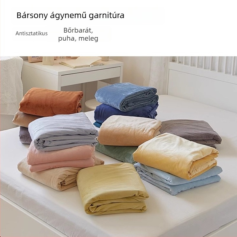 Japán stílusú bársonyos ágynemű, egyszínű, őszi–téli meleg, gumis lepedővel