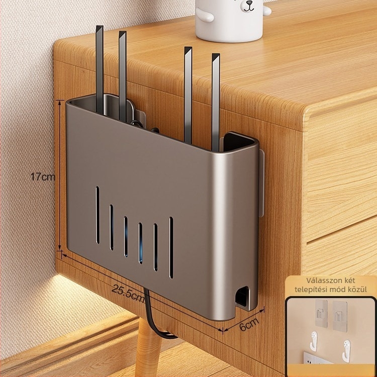 Router falra szerelhető tároló – fém, minimalist stílus, 1 szint, alkalmas hálószobára és nappalira