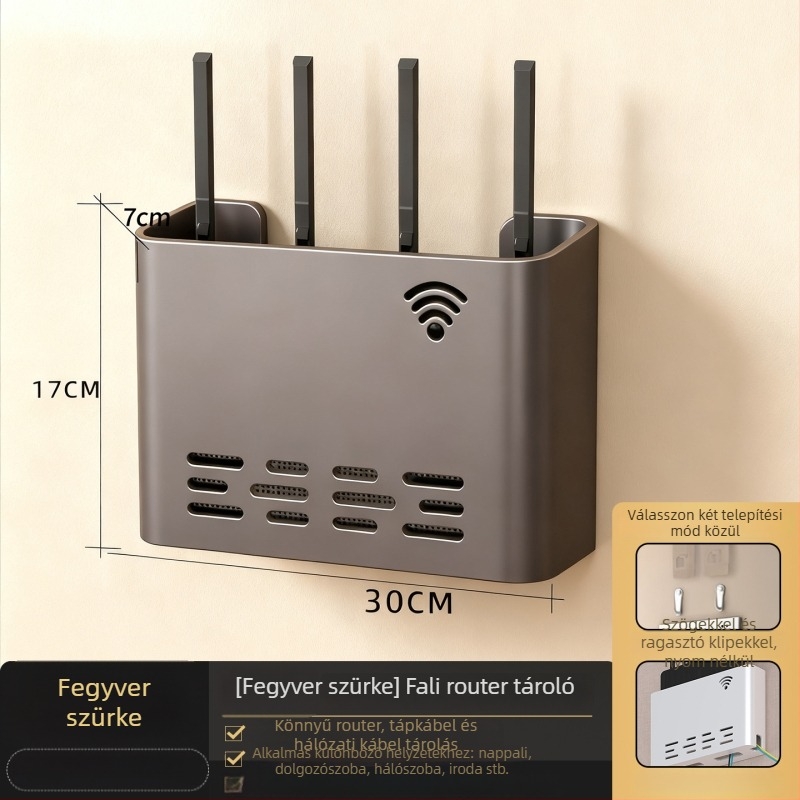 Router falra szerelhető tároló – fém, minimalist stílus, 1 szint, alkalmas hálószobára és nappalira