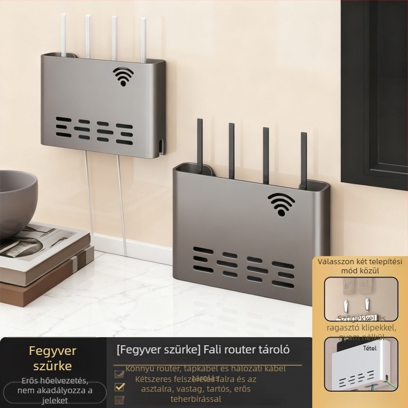Router falra szerelhető tároló – fém, minimalist stílus, 1 szint, alkalmas hálószobára és nappalira