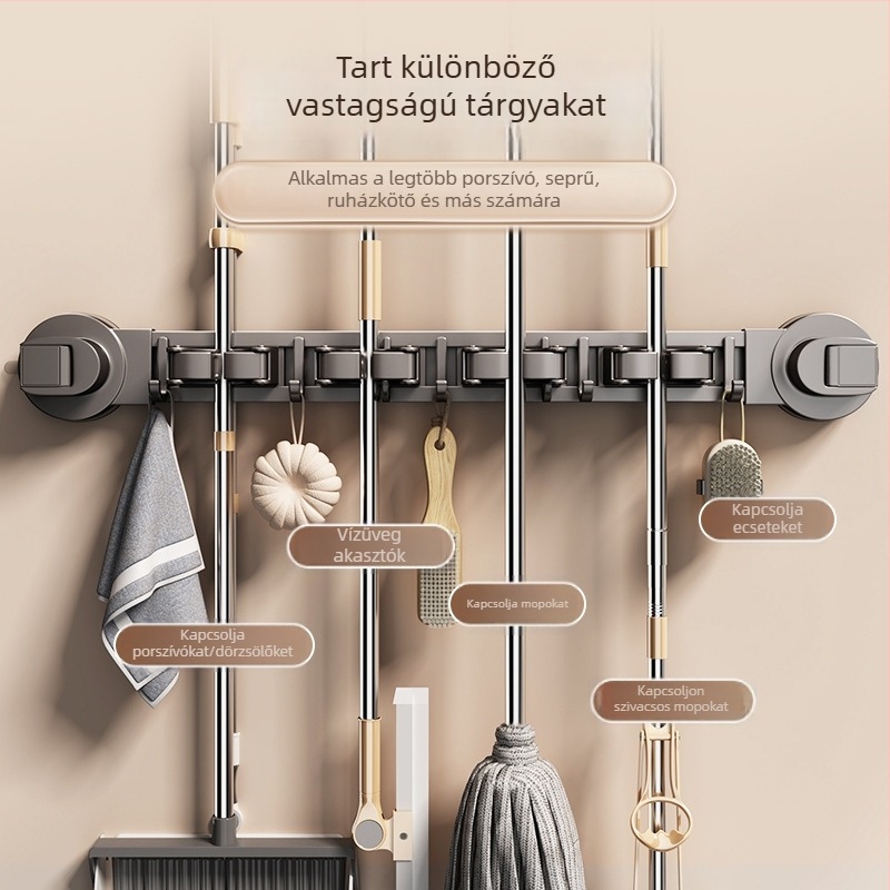 Szívókorongos mop tartó – falra szerelhető, fúrás nélkül, karbonacél + ABS anyagból, spray bevonattal, modern minimalista stílus, Diligent márka