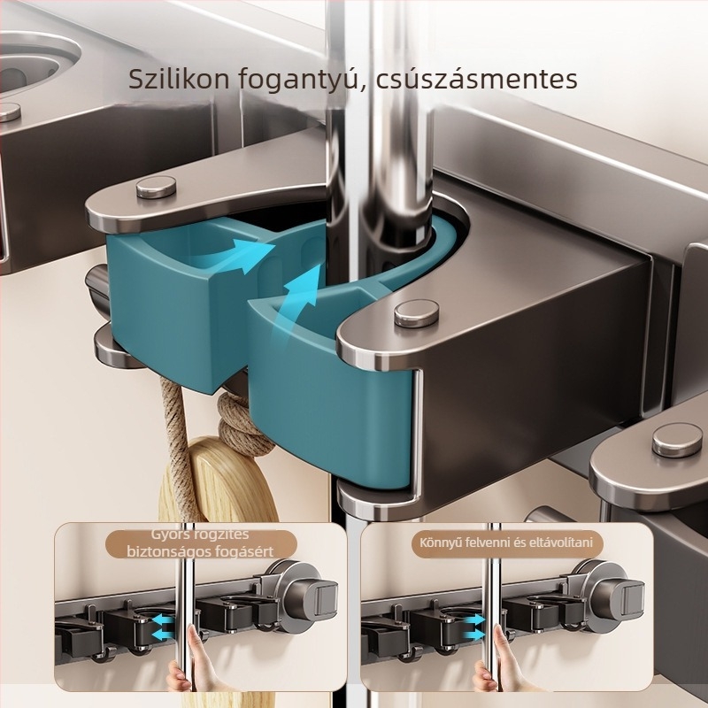 Szívókorongos mop tartó – falra szerelhető, fúrás nélkül, karbonacél + ABS anyagból, spray bevonattal, modern minimalista stílus, Diligent márka